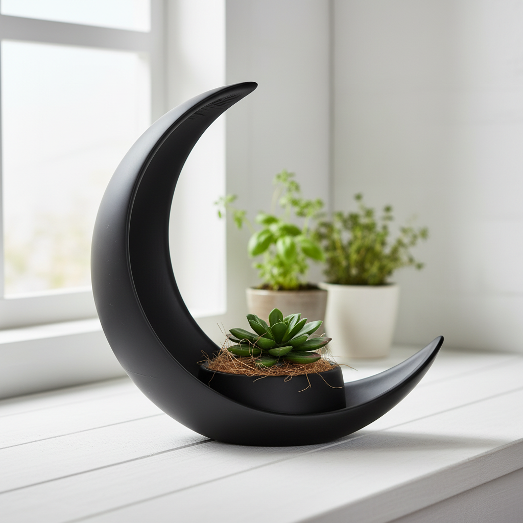 Black crescent moon planter with succulent on a kitchen windowsill