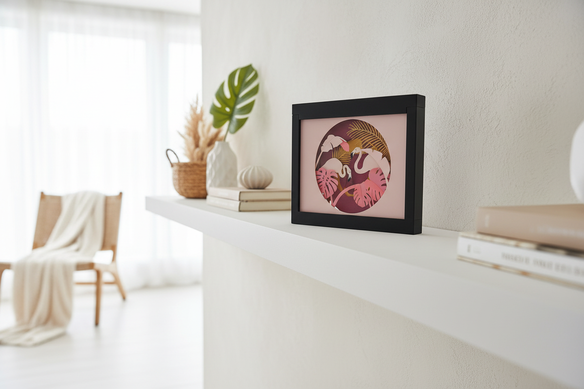 Flamingo Paradise Shadow Box displayed on a minimalist white shelf in a modern living room