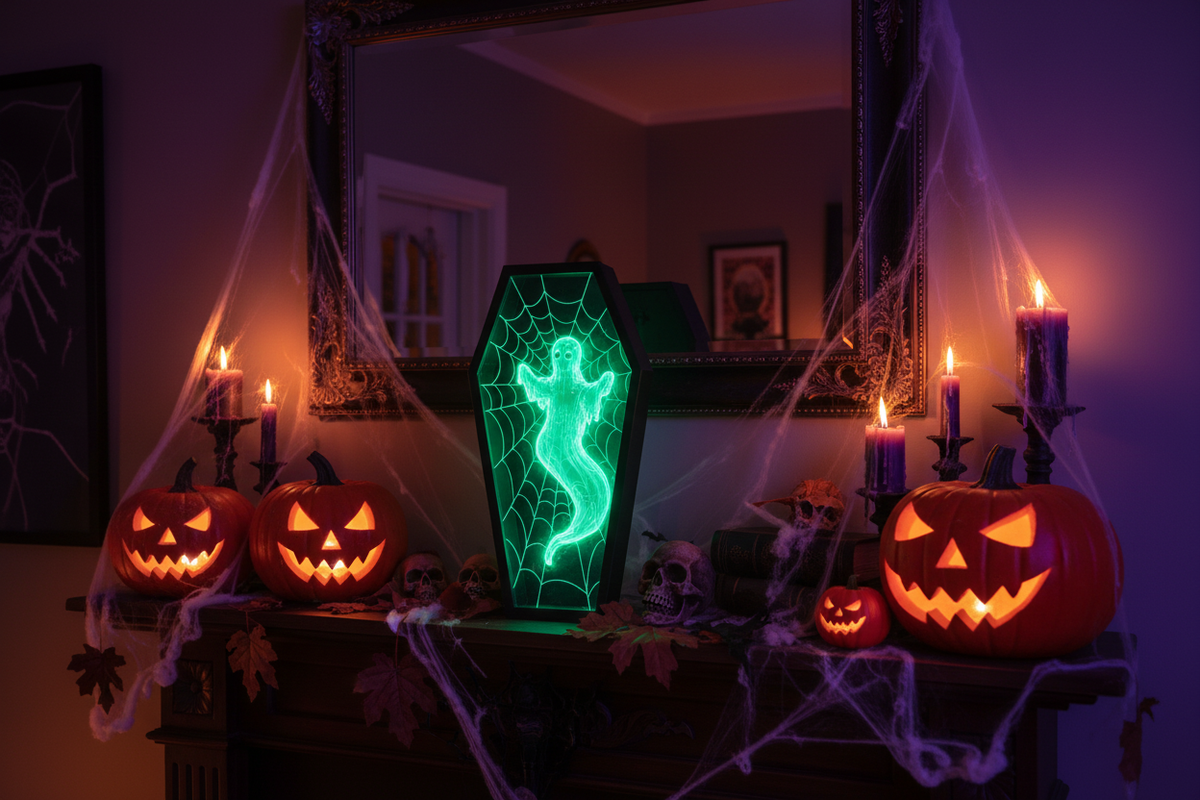 Halloween Coffin Shadow Box - Ghosts design on Halloween mantelpiece with pumpkins and candles