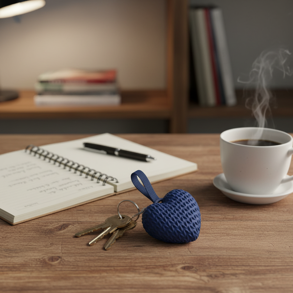 Navy blue knitted heart charm on keys on wooden desk with notebook and coffee