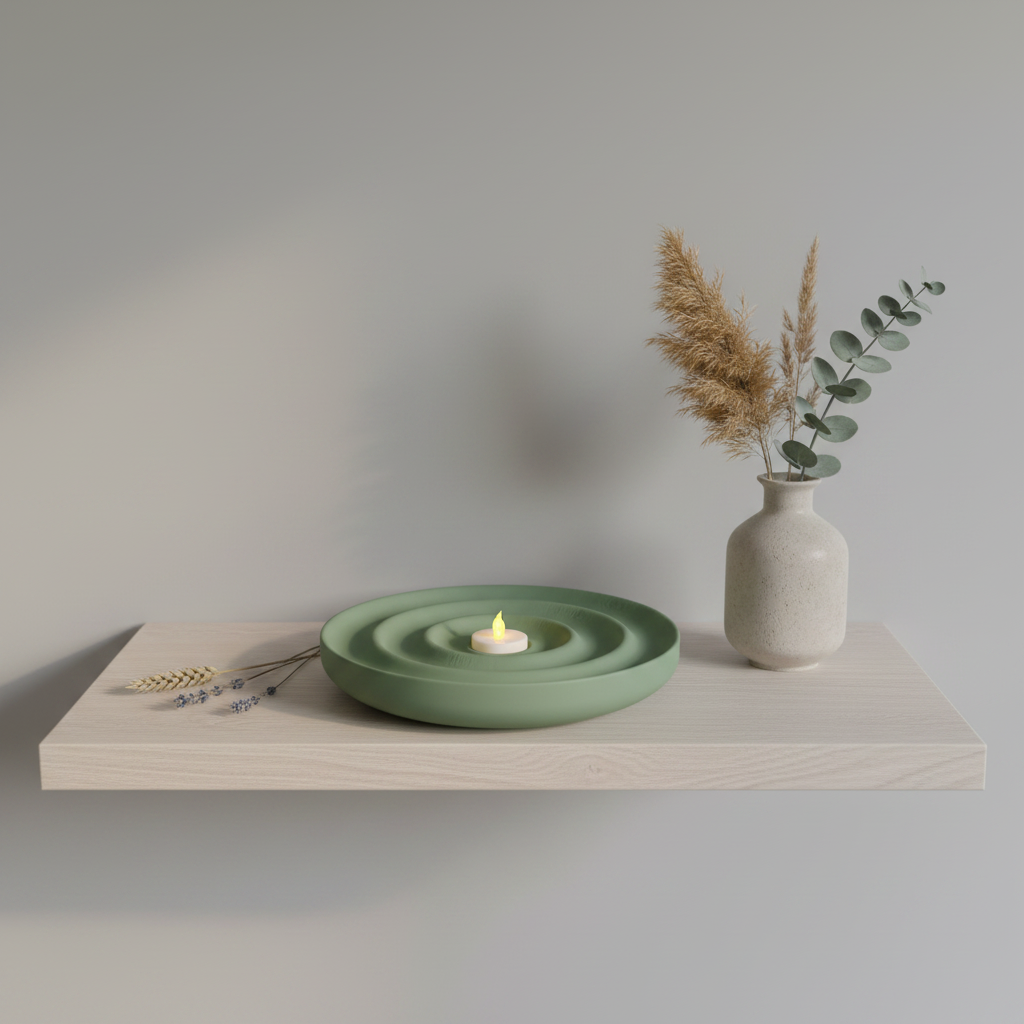 Soft Ripple Tealight Tray - sage green Scandi shelf with botanicals