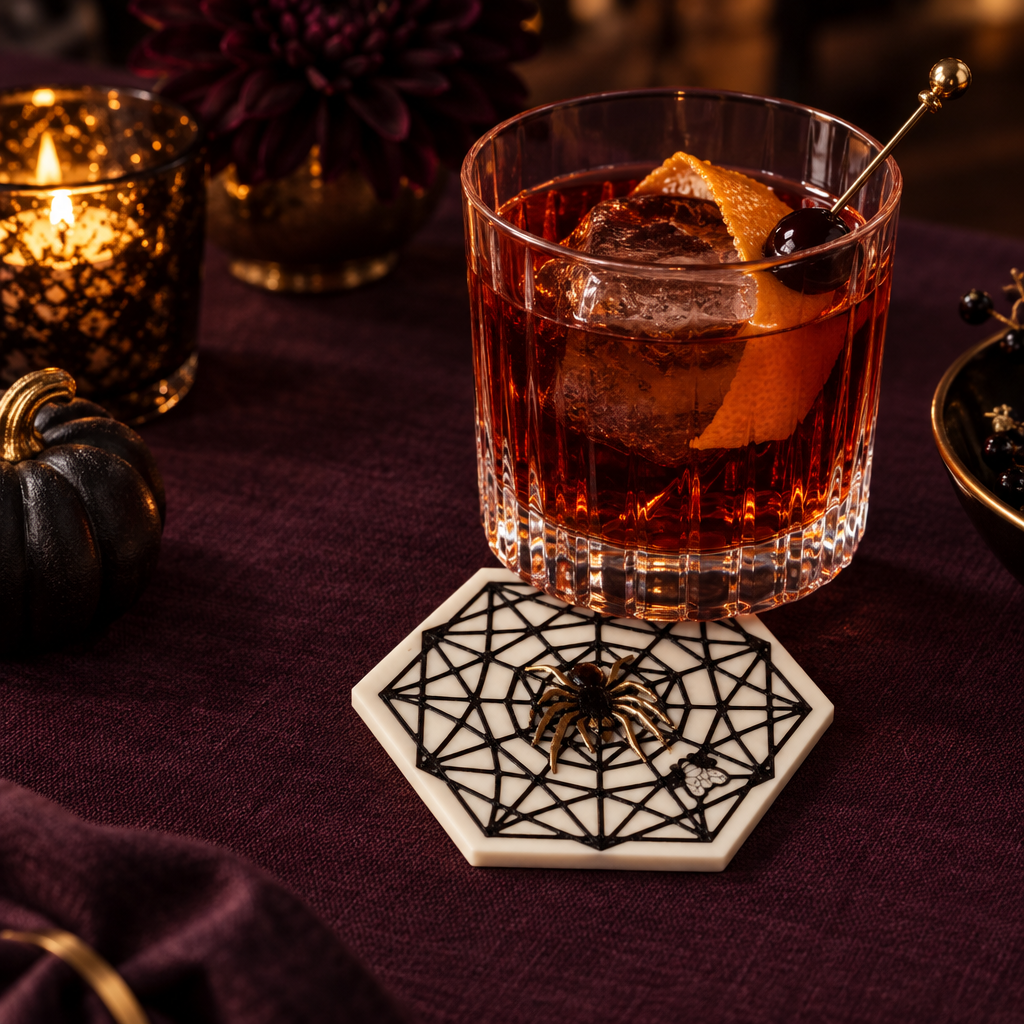 Spider Web Coaster on moody cocktail table