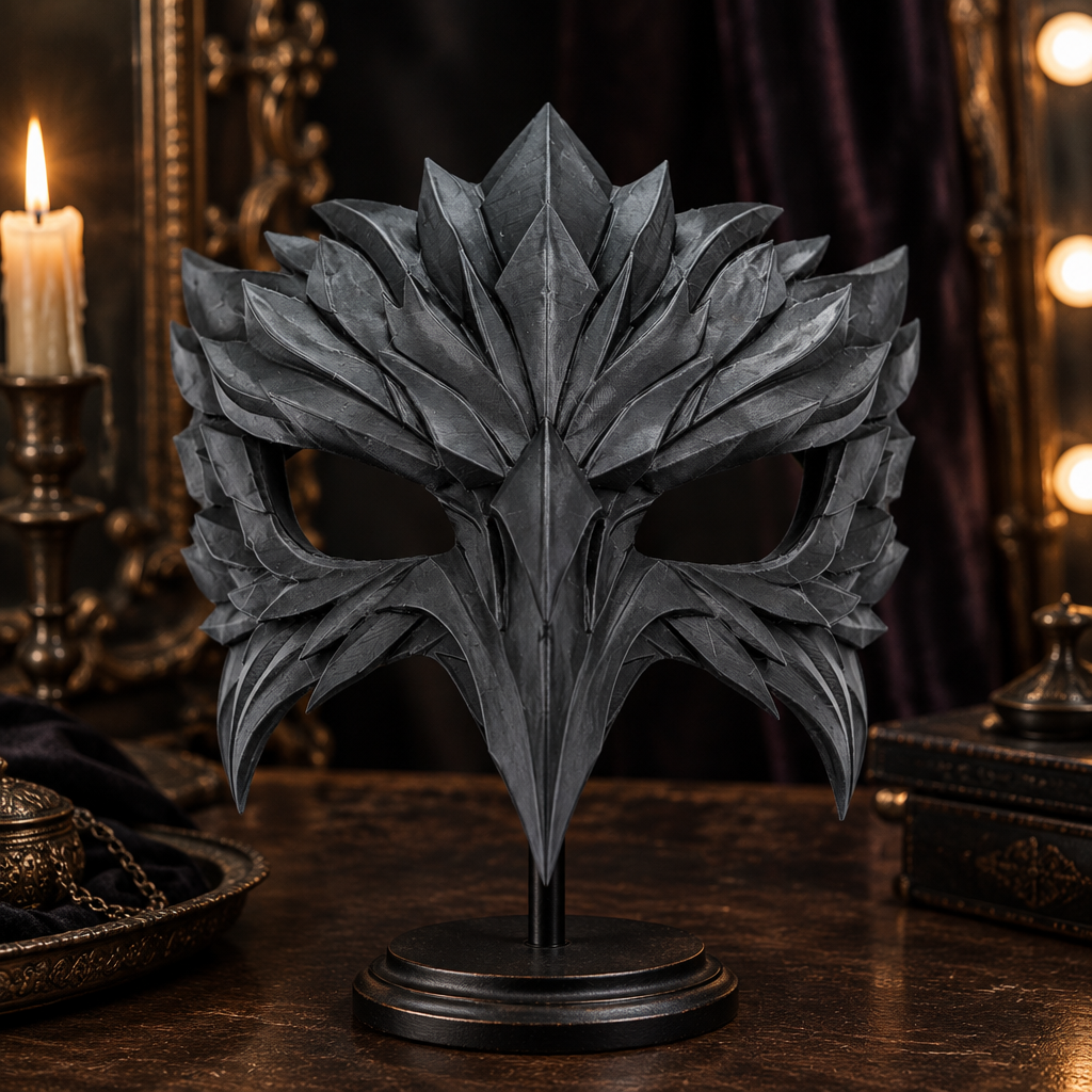 Charcoal feathered raven mask at a dark fantasy dressing table, strap not included