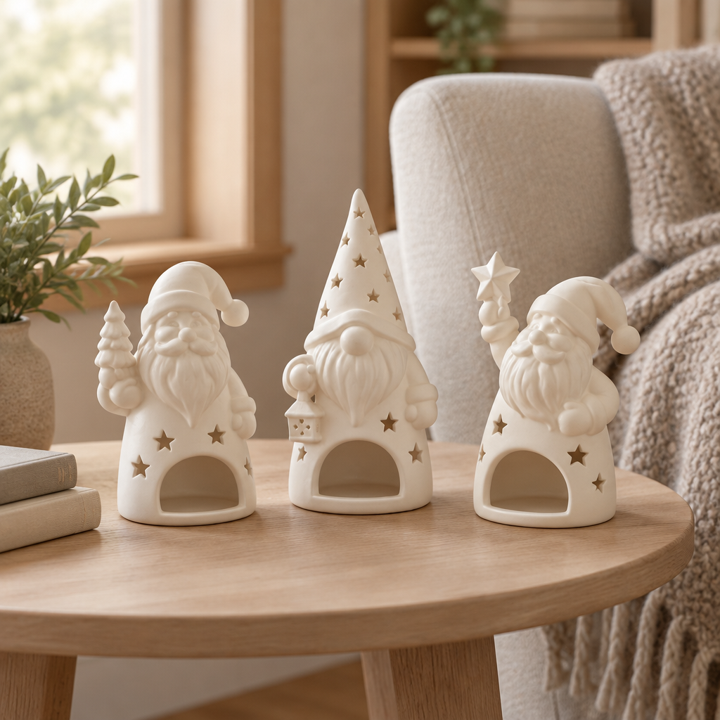 Three ivory Santa tealight holders displayed unlit on a side table beside a knit throw.