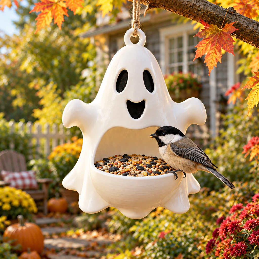 Ghost bird feeder hanging in autumn cottage garden