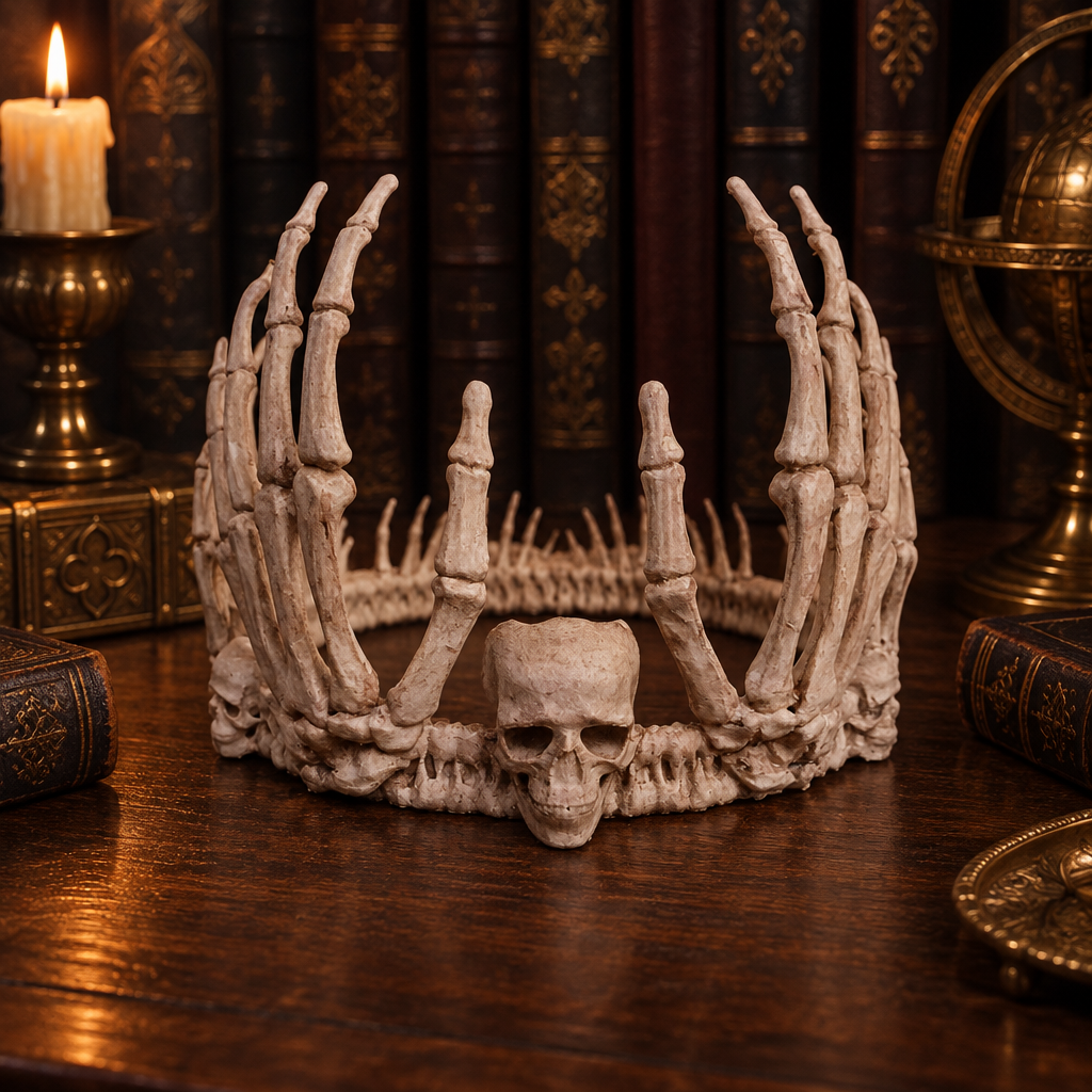 Skeleton Crown displayed on a table among dark library details