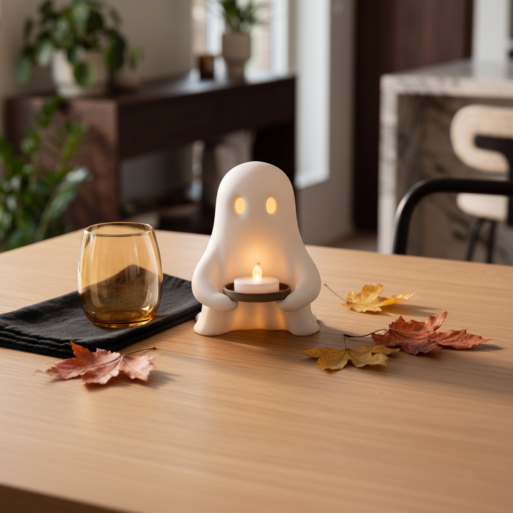 Halloween ghost LED tealight tray in an elegant seasonal table setting