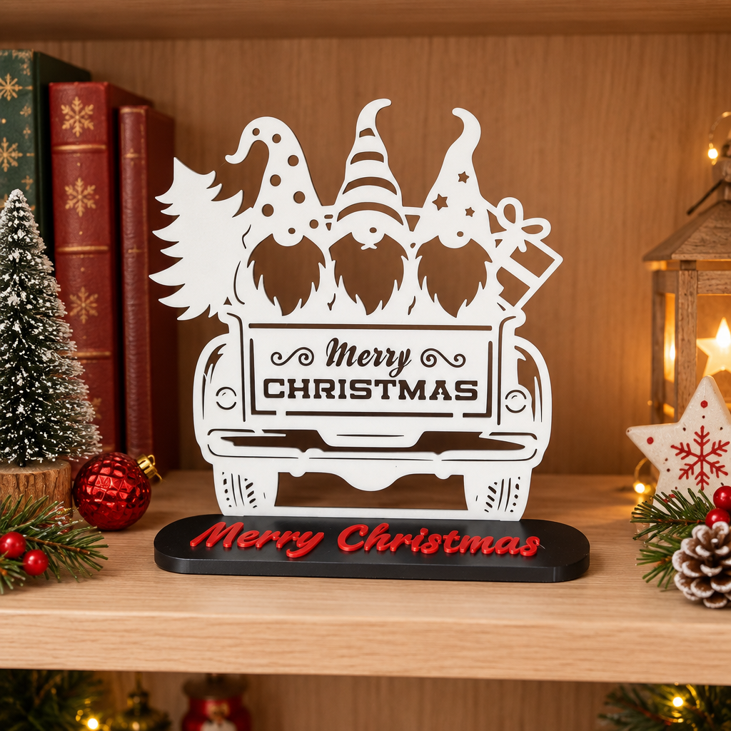 Gonks on Car – From Rear Christmas topper displayed on a shelf
