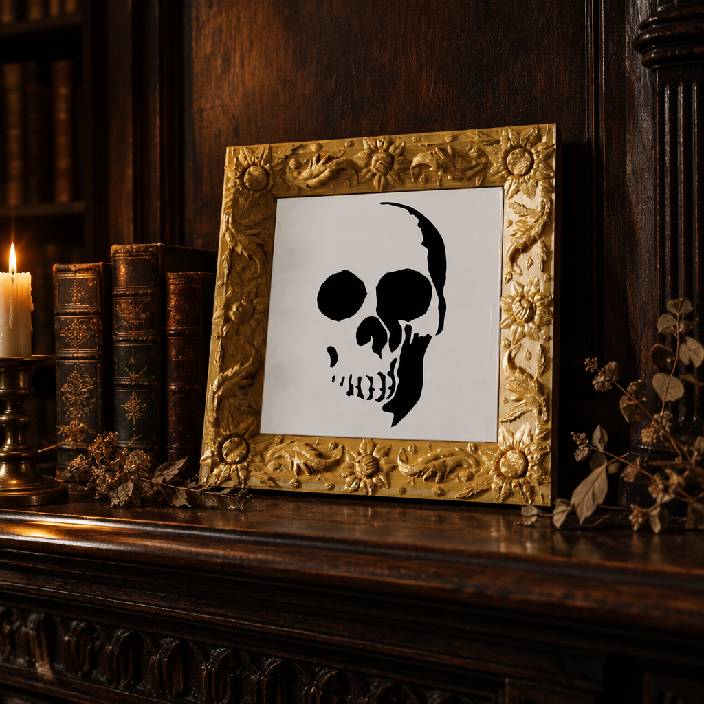 Picture Skull displayed on a dark wood mantel with old books