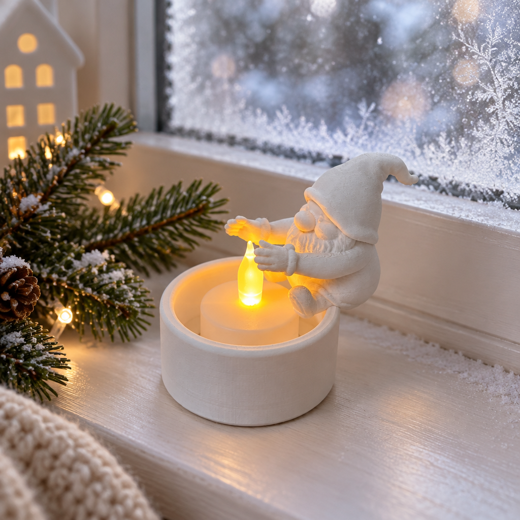Santa gnome tealight holder on a windowsill beside a softly frosted winter window