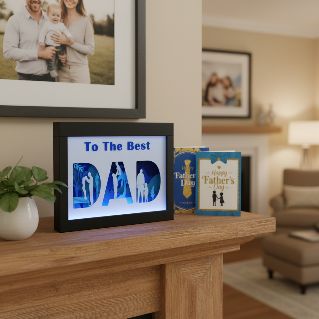 To The Best Dad shadow box displayed on a wooden mantelpiece with Father's Day cards and a small plant