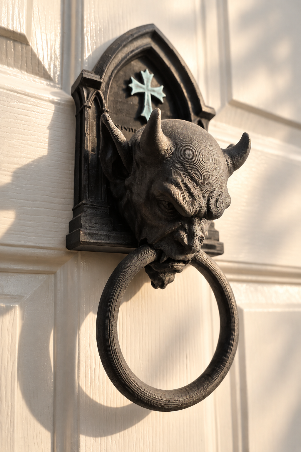 Close-up gargoyle knocker on white paneled door