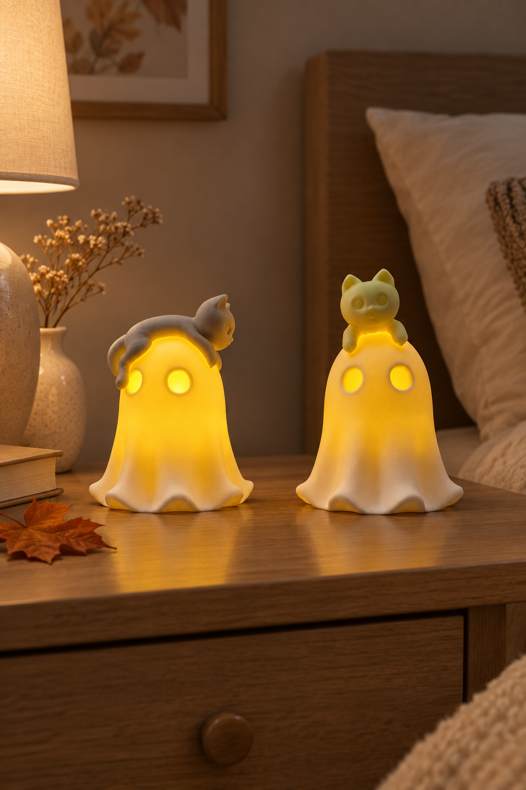 Ghost and cat tealight holders glowing together on a bedside table in a calm autumn bedroom