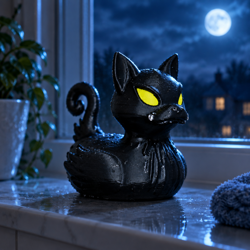 Black cat bath duck displayed on a bathroom windowsill in blue evening light