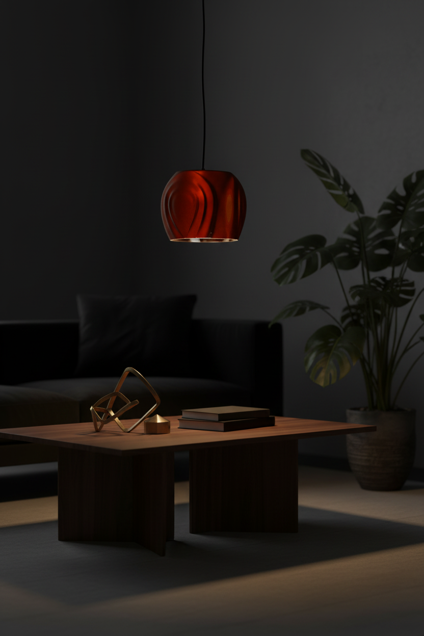 Charcoal black Tri Tear pendant shade glowing above walnut coffee table moody dark luxury interior lifestyle