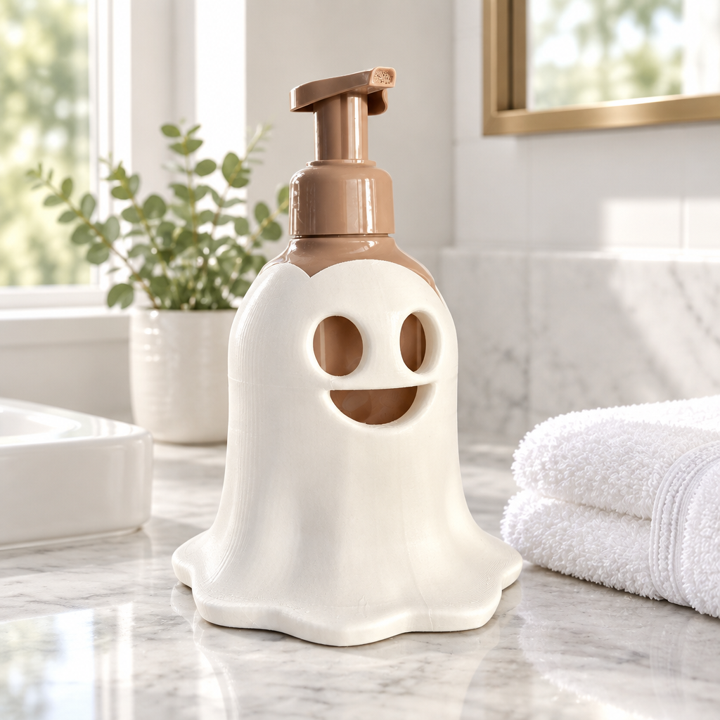 Ghost-shaped soap dispenser on a pale marble bathroom vanity