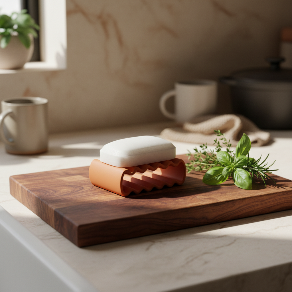 Wibble Soap Dish terracotta on wooden board beside kitchen herbs