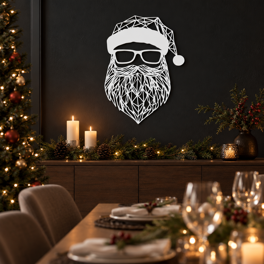 White Santa sign on a dark dining-room wall with a festive table setting