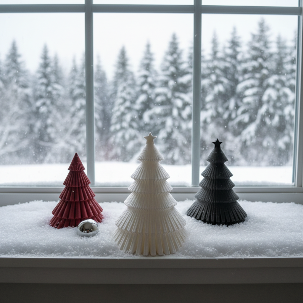 White and dark ribbed Christmas trees on snowy windowsill lifestyle