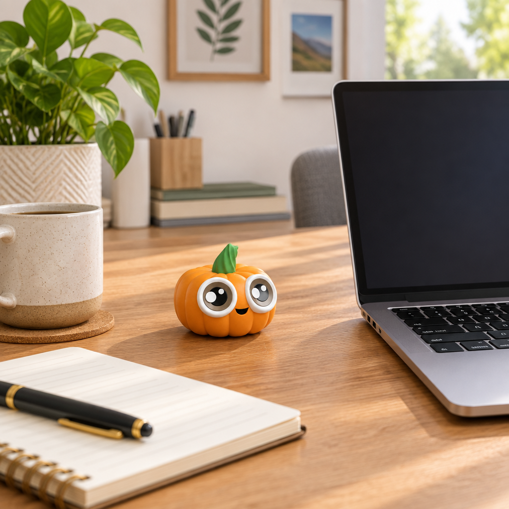 Small pumpkin figure displayed beside a laptop and notebook