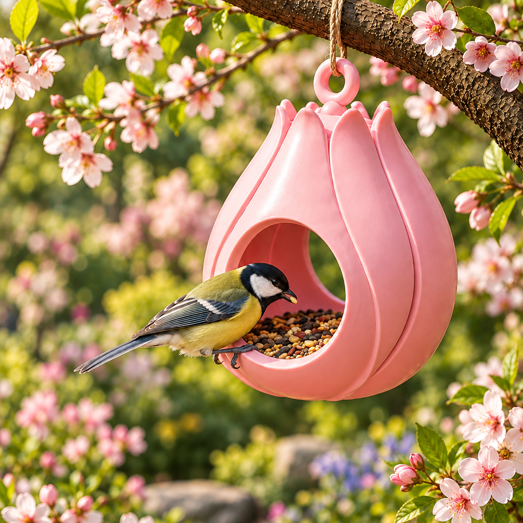 Pink Bud Blossom bird feeder in spring blossom garden