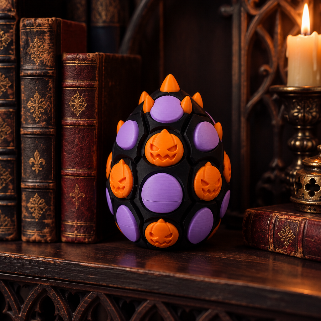 Halloween Dragon Egg on gothic bookshelf