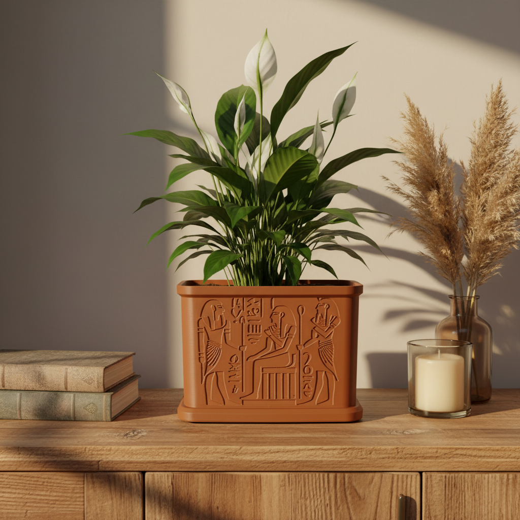 Terracotta brown King Tut shrine plant pot with a peace lily on a wooden sideboard with pampas grass and candles