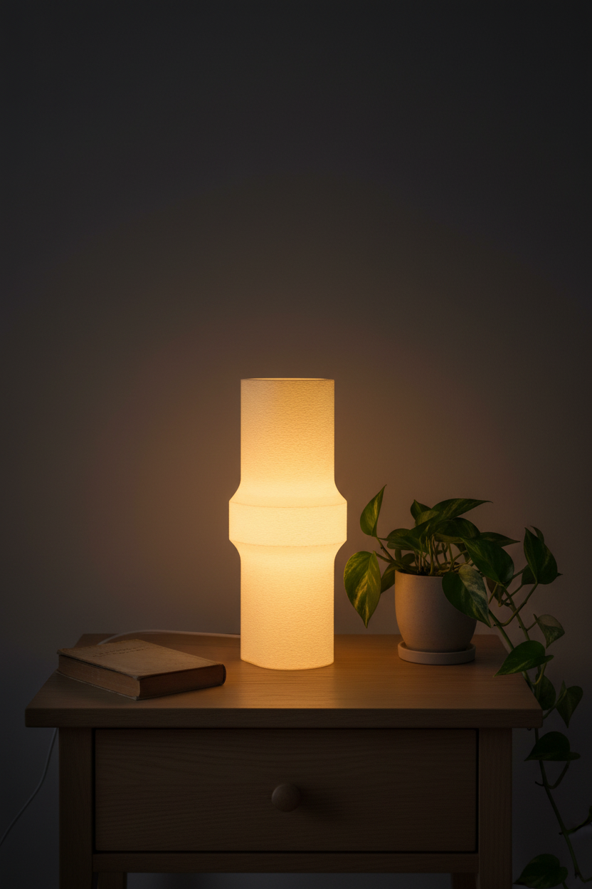 Minimalist Bulge LED Lamp glowing warm amber translucent white cylinder waist-pinch bulge profile pale oak bedside table moody minimal bedroom paperback trailing pothos dark charcoal wall warm atmospheric evening glow portrait