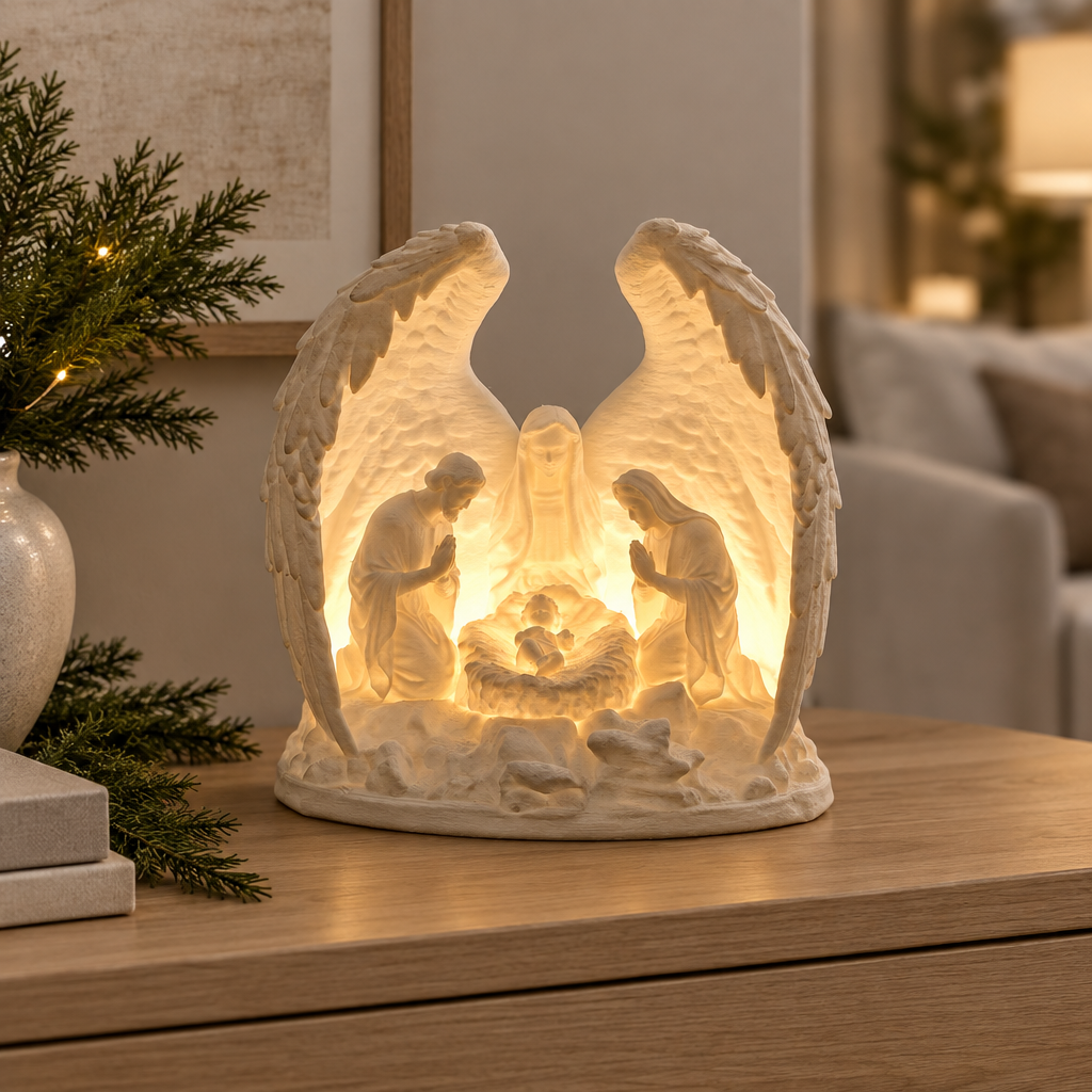 Nativity tealight holder displayed on a light oak console