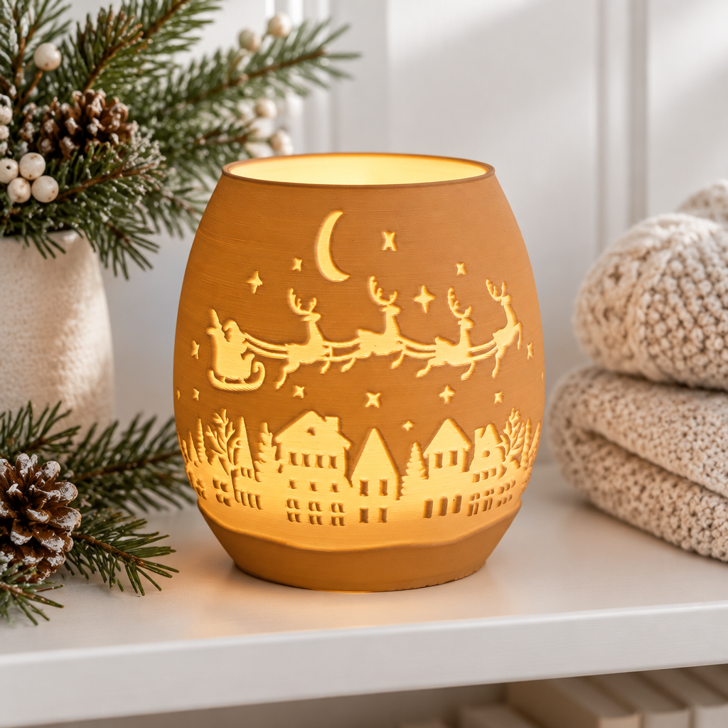 Amber Christmas village tealight holder on a bright shelf with subtle winter greenery