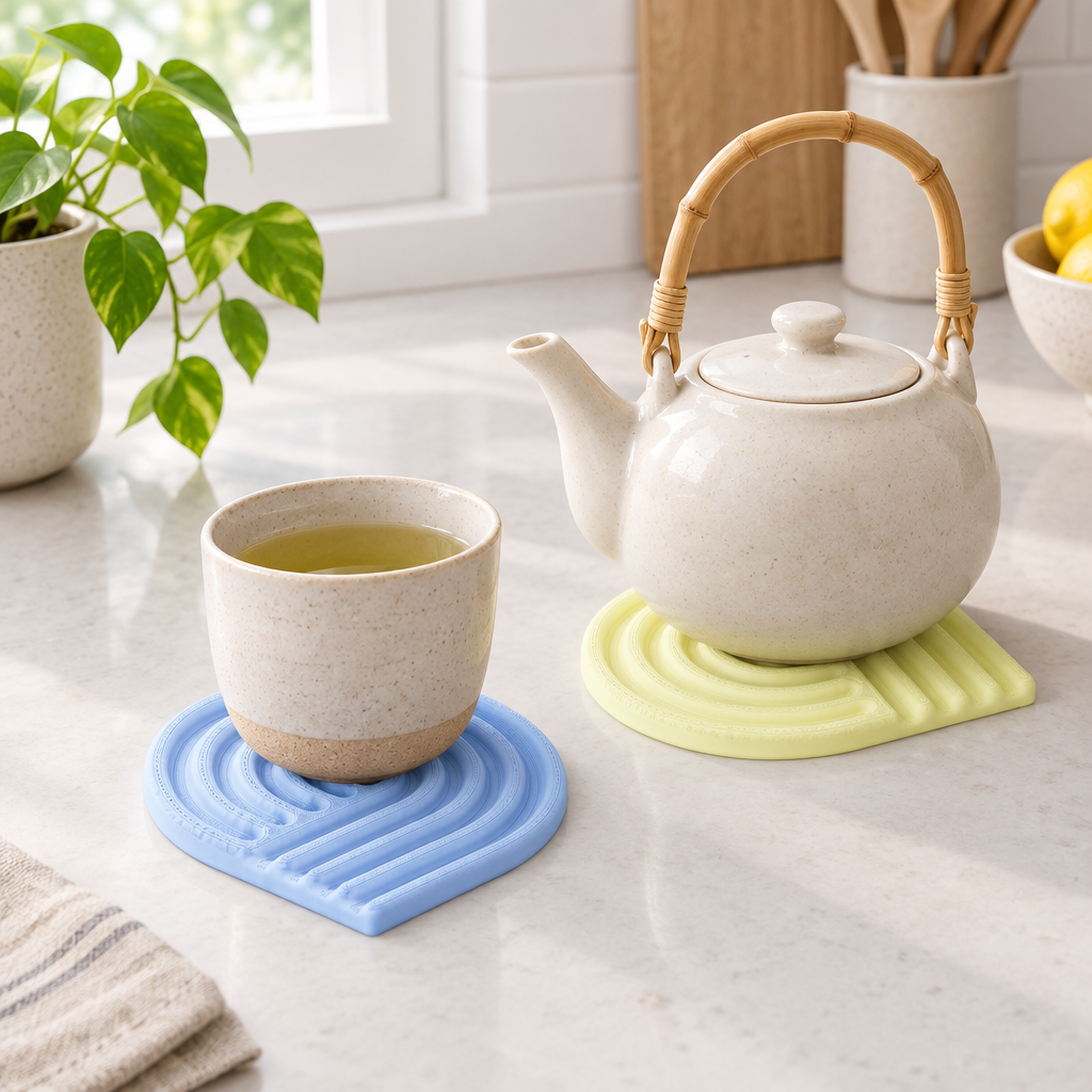 Pastel blue and yellow looped coasters with a teapot and tea cup on a kitchen counter