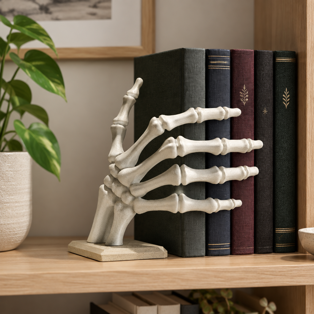 Skeleton hand bookstop on an oak shelf