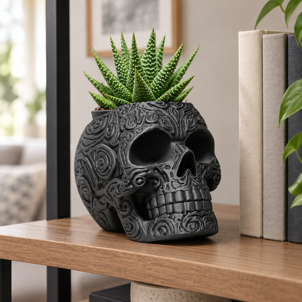 Gray skull planter with a succulent on a contemporary bookshelf