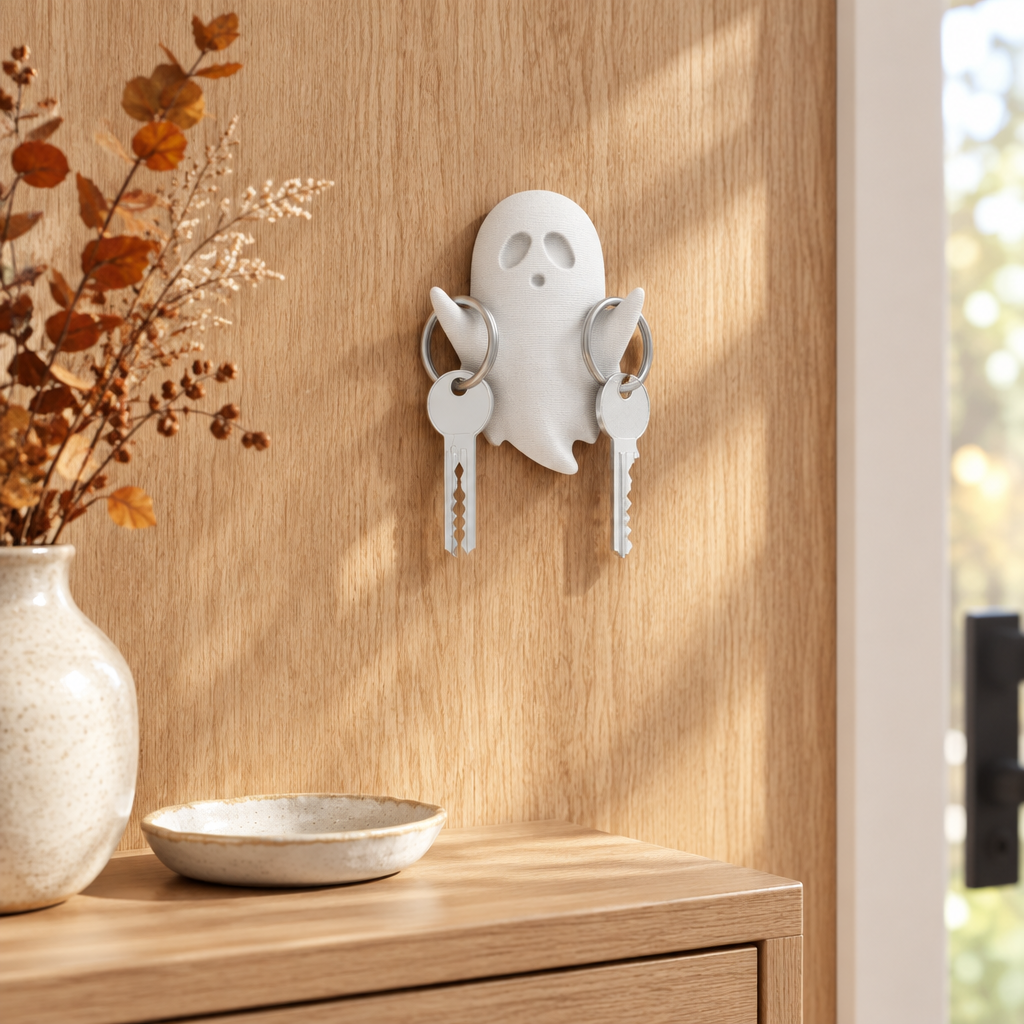Ghost-shaped key holder and hanging keys above a light oak console