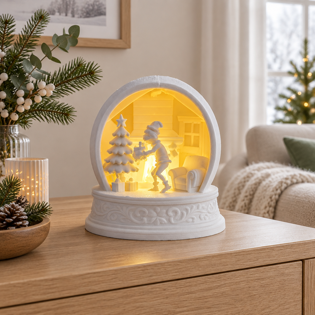 White Grinch Christmas tealight holder on a pale oak sideboard in a modern living room
