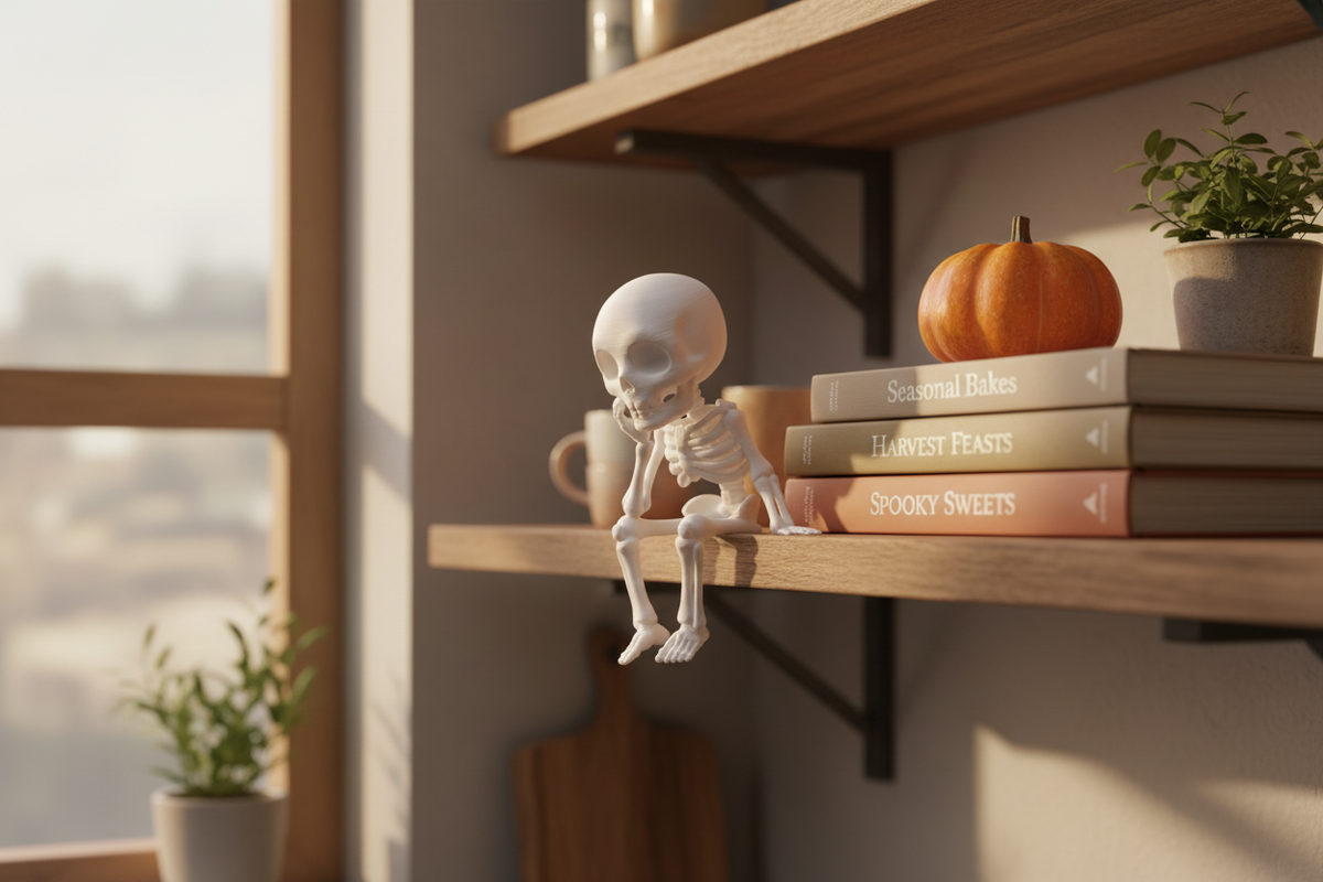 Sitting Sad Skeleton Figure on a kitchen shelf with Halloween styling