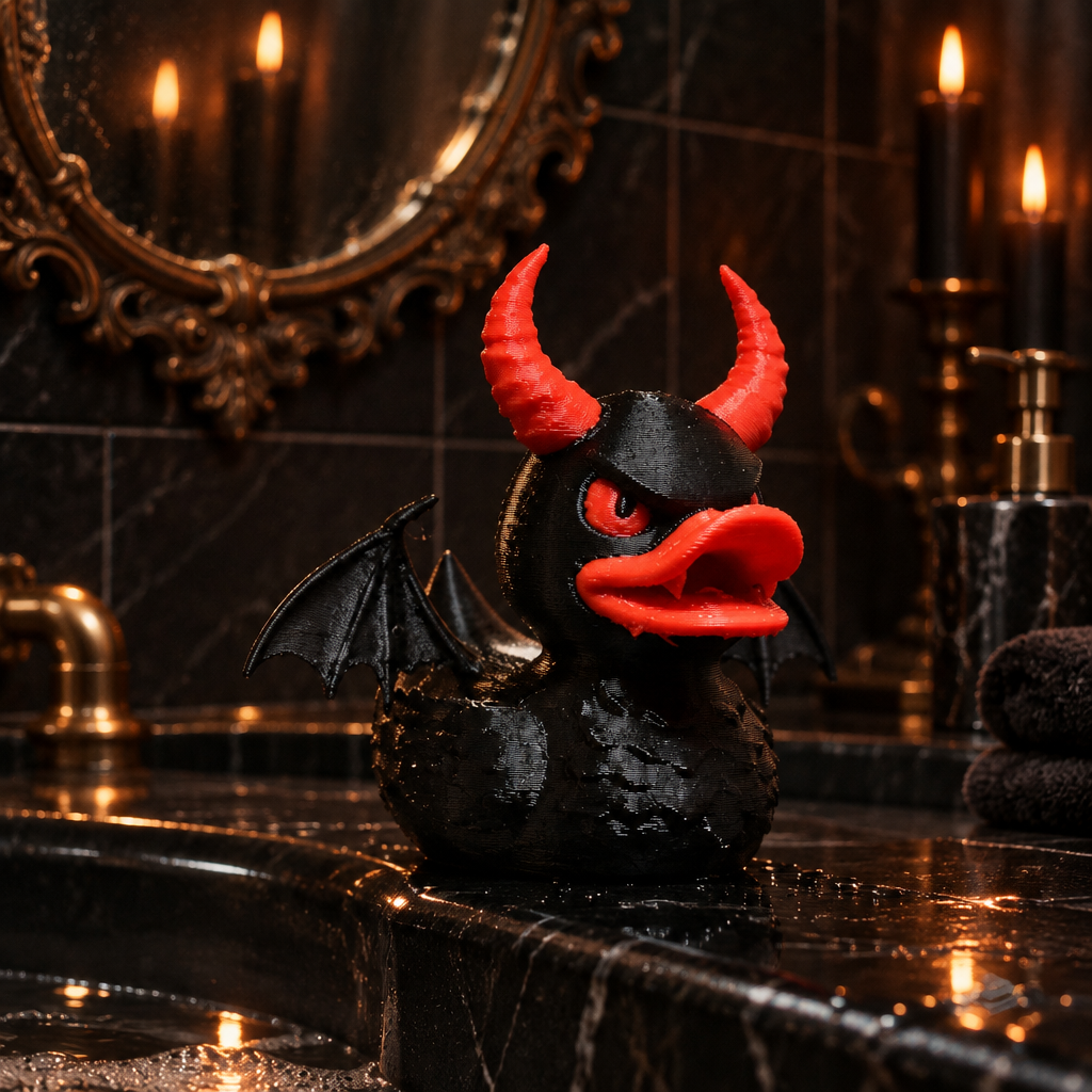 Black-and-red devil bath duck in an elegant dark-tiled gothic bathroom