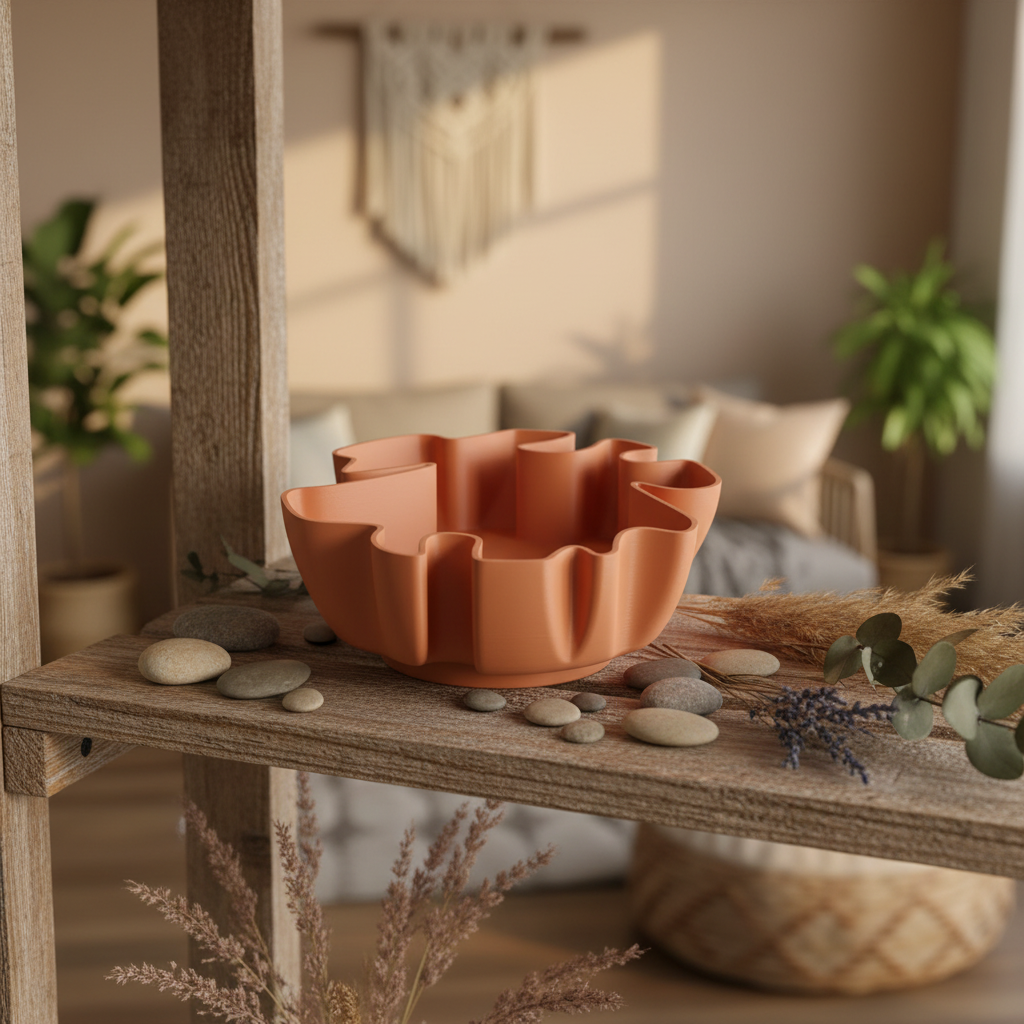 Terracotta orange Organic Flow Catchall Bowl with dried flowers on a rustic boho shelf