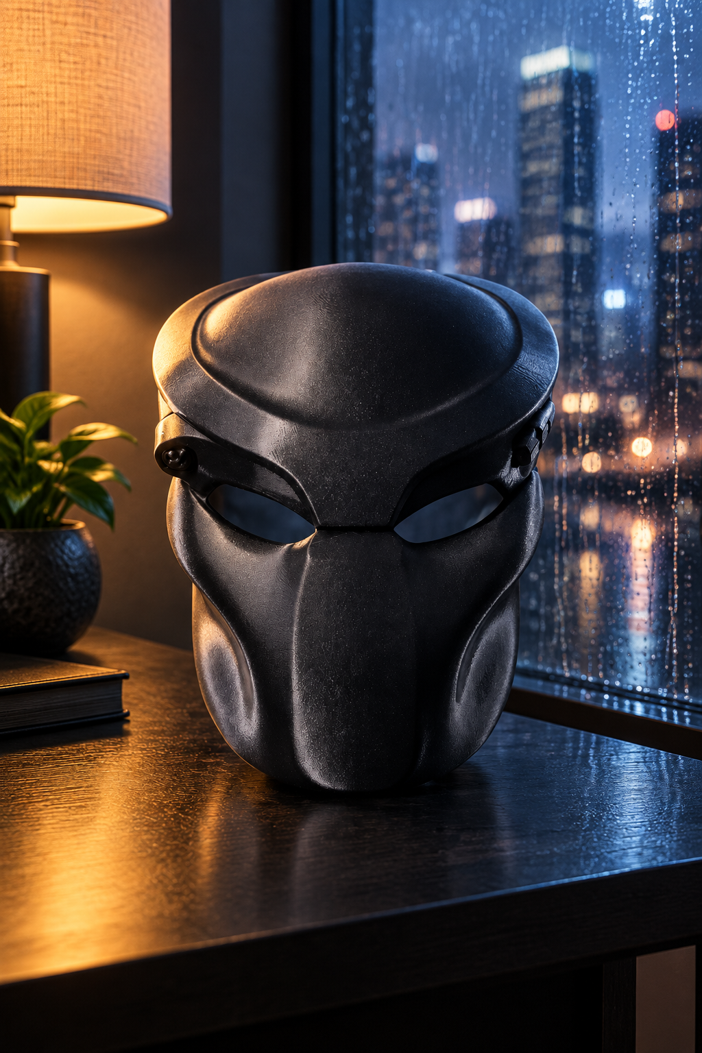 Black Predator Mask displayed beside a rain-streaked window with evening city light