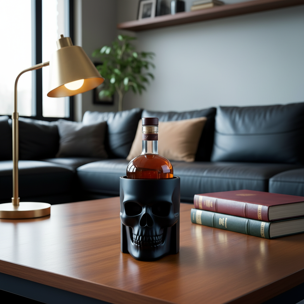 Skull bottle cooler with bottle on a study desk with brass lamp and books