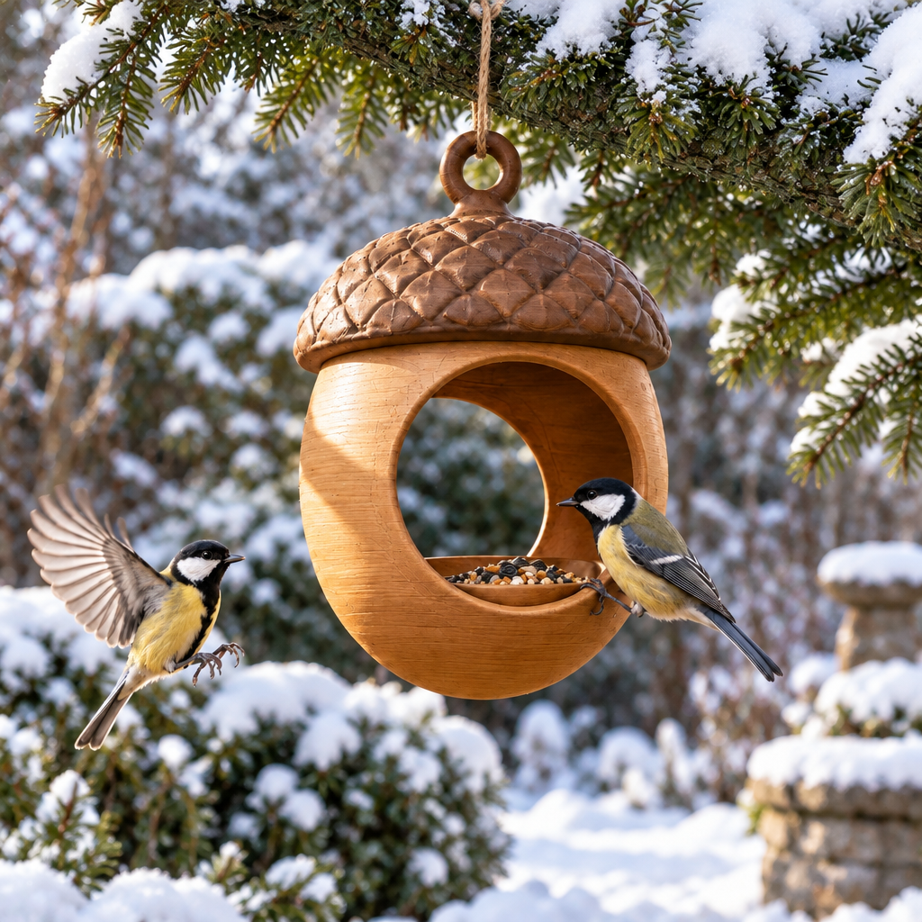 Acorn feeder among winter evergreens