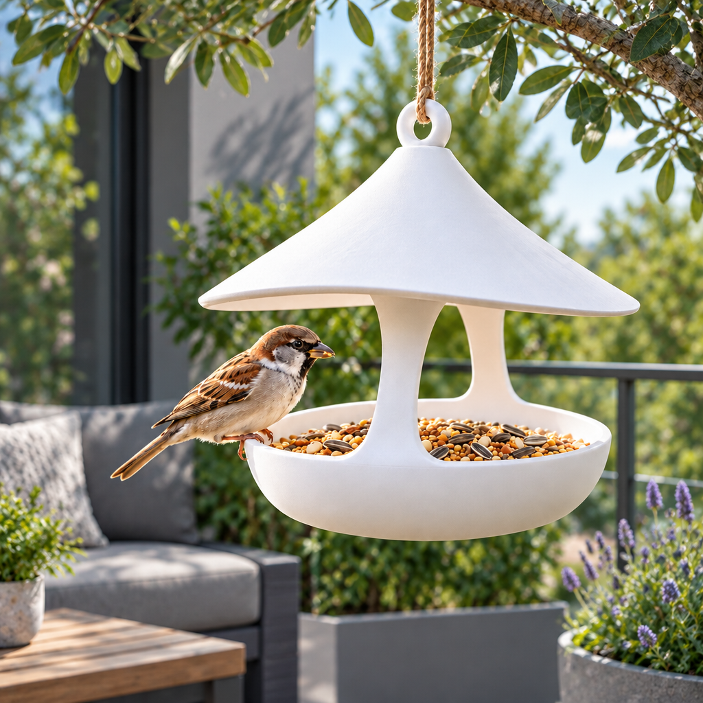 Modern bird feeder on a contemporary terrace