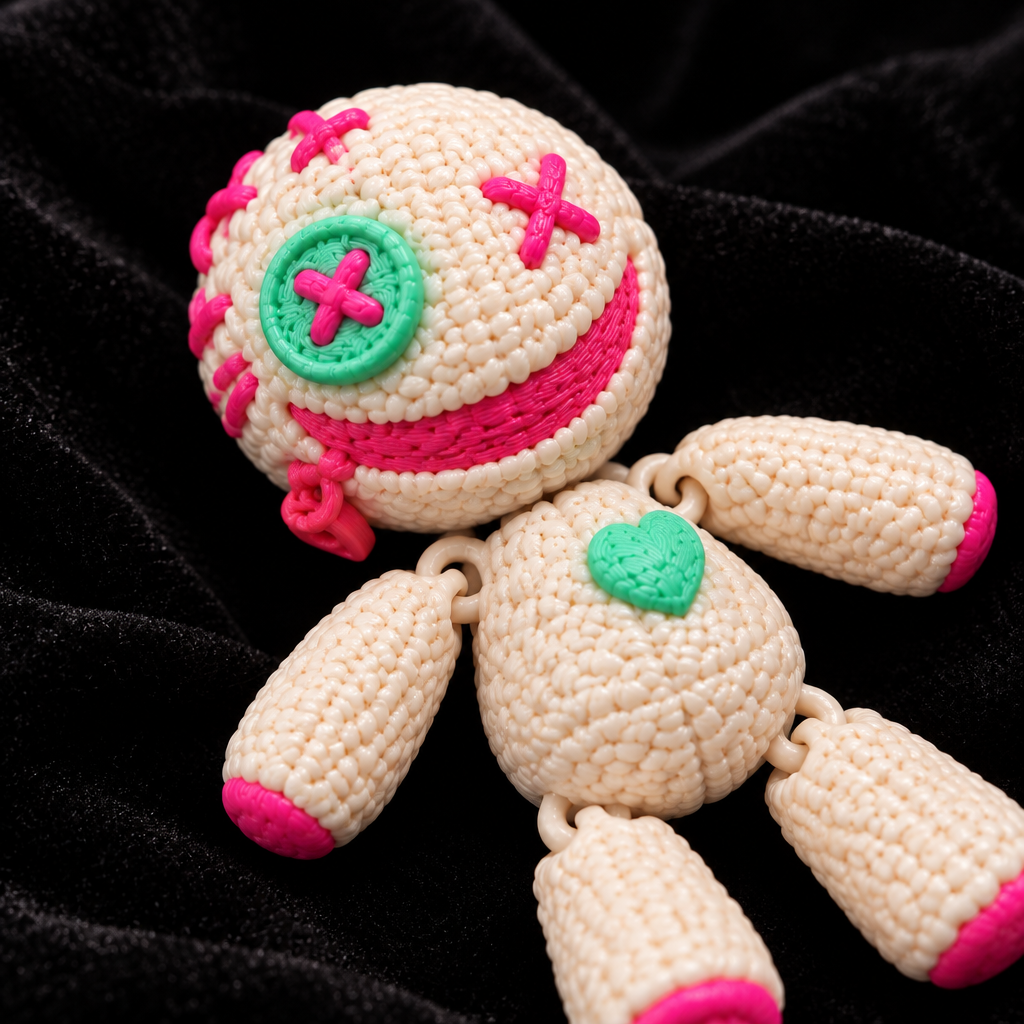 Close-up of Vodoo Doll button eye and grin
