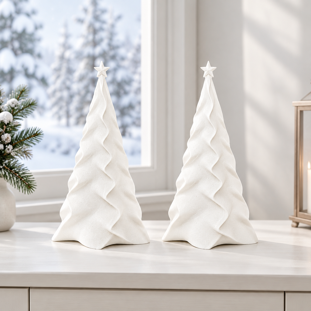 Two matching white folded Christmas trees with white star toppers on a bright console