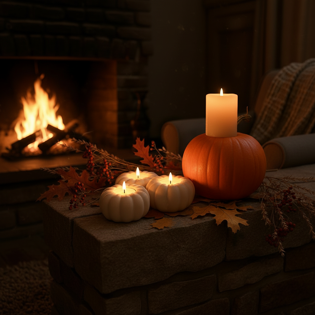 Three white pumpkin tealight holders glowing on stone mantelpiece with orange pumpkin autumn foliage lifestyle