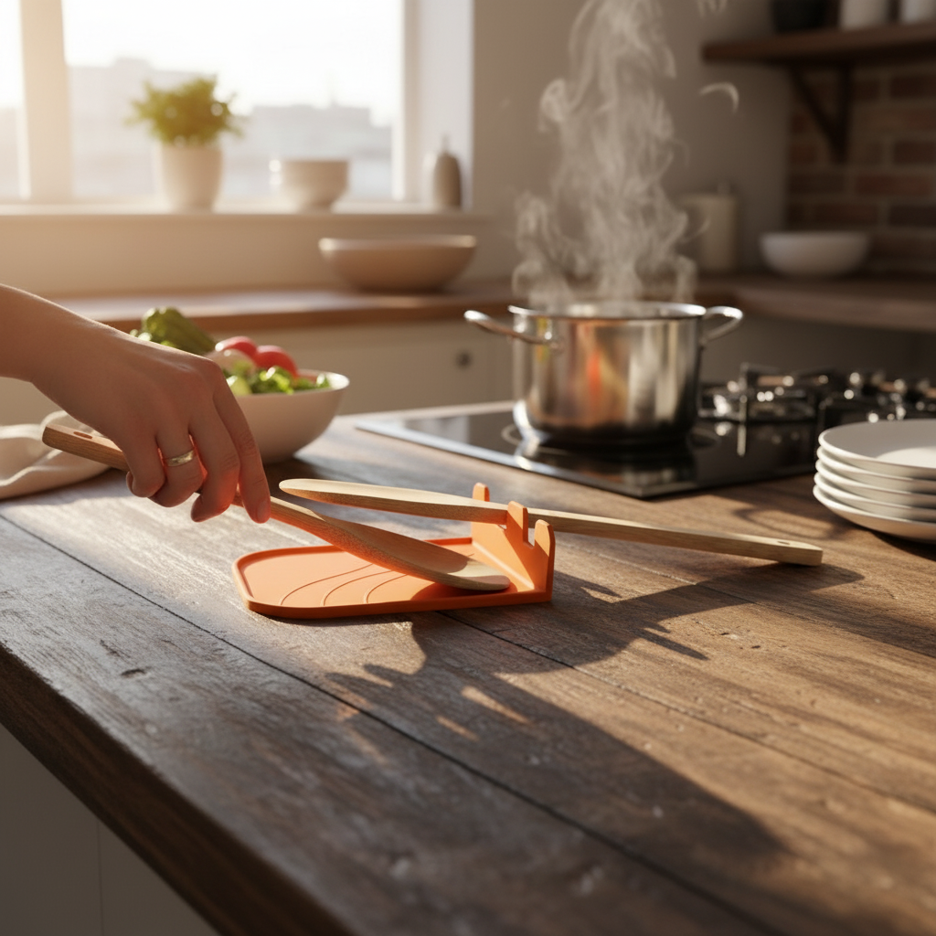 Cooksitter Duo Utensil Rest - orange colourway holding ladle and spatula on wooden counter beside gas hob