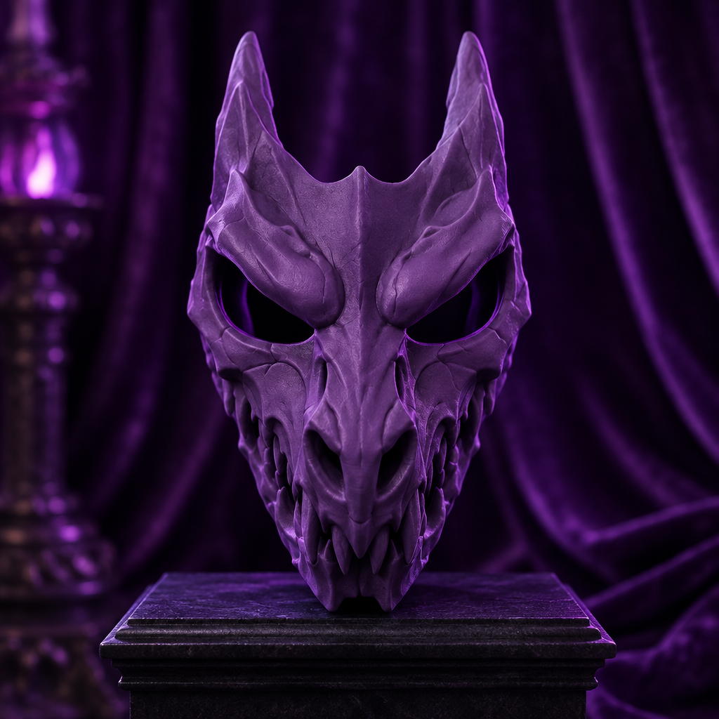 Purple horned Dragon Skull mask in a gothic fantasy photo studio, strap not included