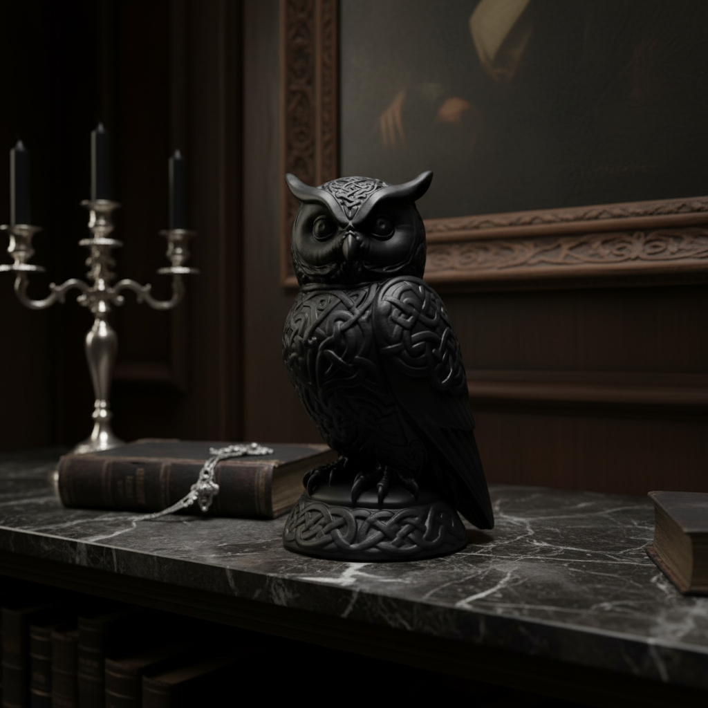 Matte black Celtic Owl Sculpture on a dark marble shelf with dramatic gallery lighting
