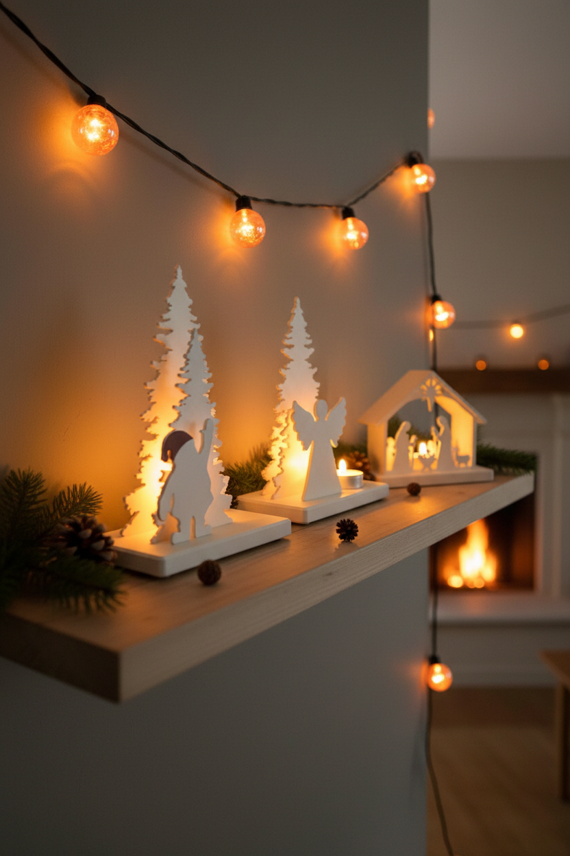Two Santa tree scenes on shelf with angel and nativity scene Scandi Christmas shelfie lifestyle
