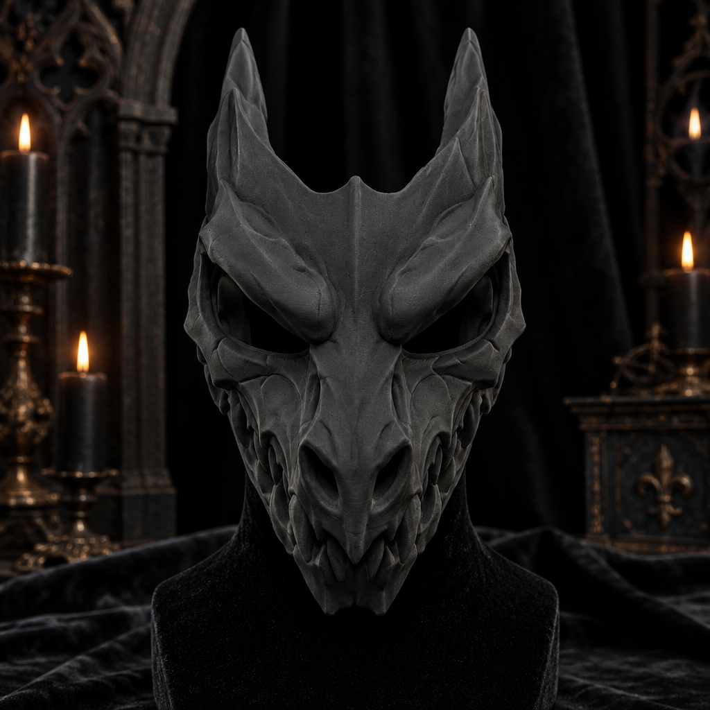 Matte black horned Dragon Skull mask in a gothic costume studio, strap not included